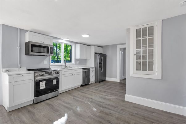 Interior, Kitchen, Recessed Lighting, Stainless Steel Appliances, Wood Texture Flooring