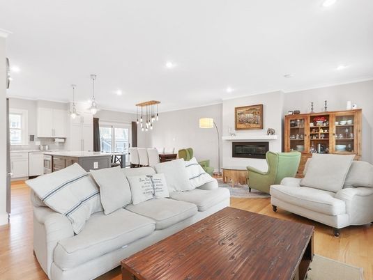 Dining room, Fireplace, Interior, Kitchen, Living room, Pendant Lights, Recessed Lighting, Wood Texture Flooring
