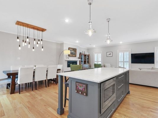 Dining room, Fireplace, Interior, Kitchen, Pendant Lights, Recessed Lighting, Wood Texture Flooring