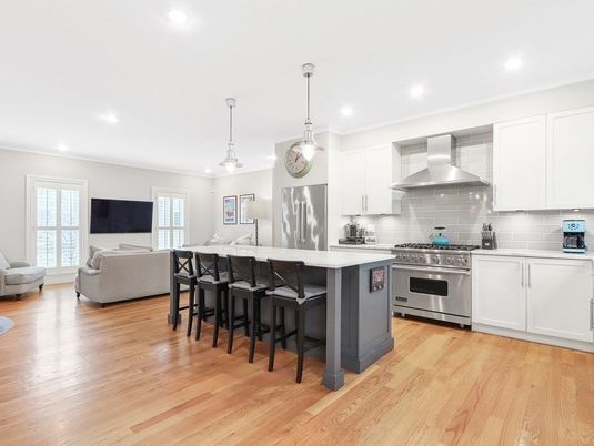 Interior, Kitchen, Living room, Pendant Lights, Recessed Lighting, Stainless Steel Appliances, Wood Texture Flooring
