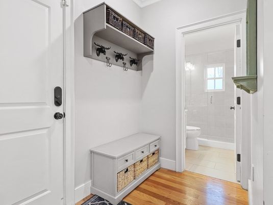 Bathroom, Glass Shower, Interior, Wood Texture Flooring