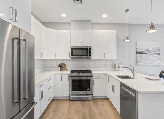 Interior, Kitchen, Pendant Lights, Recessed Lighting, Stainless Steel Appliances, Wood Texture Flooring