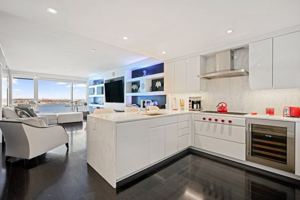 Interior, Kitchen, Recessed Lighting, Stainless Steel Appliances, Water, Wood Texture Flooring