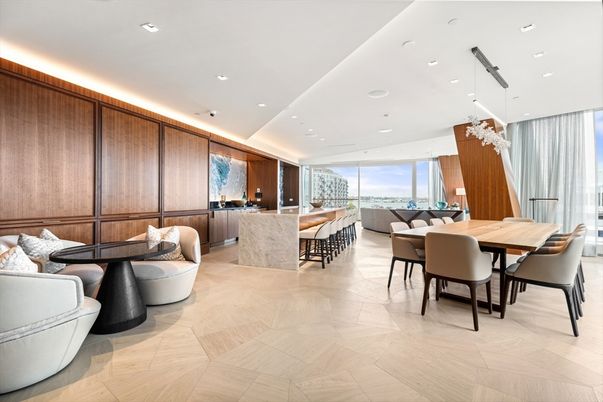Dining room, Interior, Living room, Pendant Lights, Recessed Lighting, Wood Texture Flooring