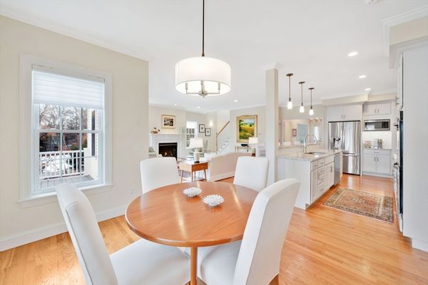 Dining room, Fireplace, Interior, Kitchen, Living room, Pendant Lights, Recessed Lighting, Stainless Steel Appliances, Wood Texture Flooring