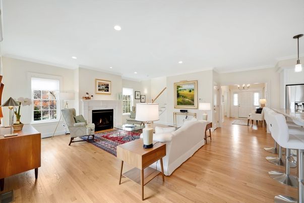 Chandelier, Fireplace, Interior, Living room, Pendant Lights, Recessed Lighting, Wood Texture Flooring