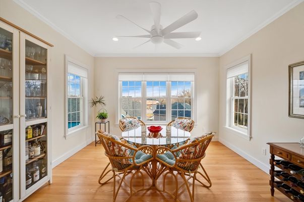 Dining room, Interior, Recessed Lighting, Wood Texture Flooring