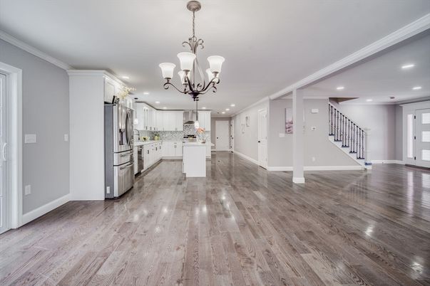 Chandelier, Interior, Kitchen, Recessed Lighting, Stainless Steel Appliances, Wood Texture Flooring