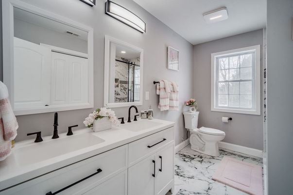 Bathroom, Dual Sink Vanities, Interior, Marble, Recessed Lighting