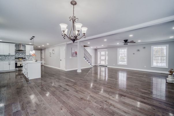 Chandelier, Empty room, Interior, Kitchen, Pendant Lights, Recessed Lighting, Wood Texture Flooring