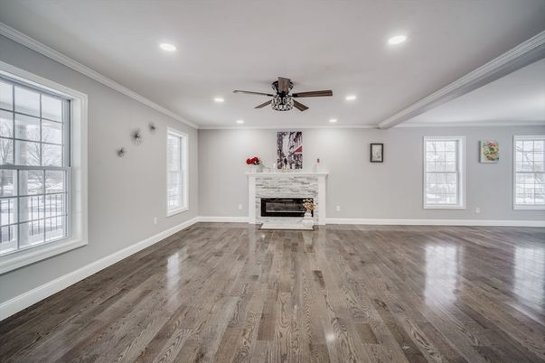 Empty room, Fireplace, Interior, Recessed Lighting, Wood Texture Flooring