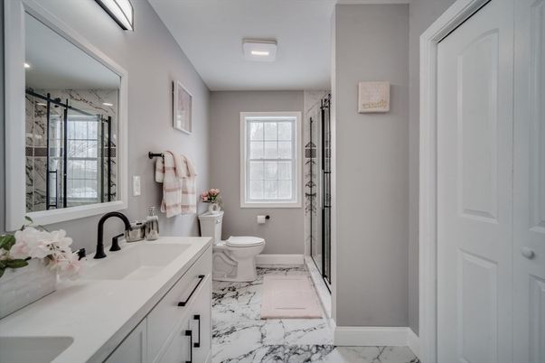 Bathroom, Dual Sink Vanities, Glass Shower, Interior, Marble, Recessed Lighting