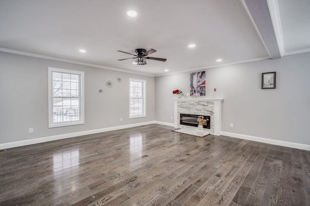 Empty room, Fireplace, Interior, Recessed Lighting, Wood Texture Flooring