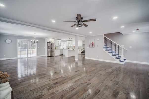 Chandelier, Empty room, Interior, Kitchen, Recessed Lighting, Wood Texture Flooring