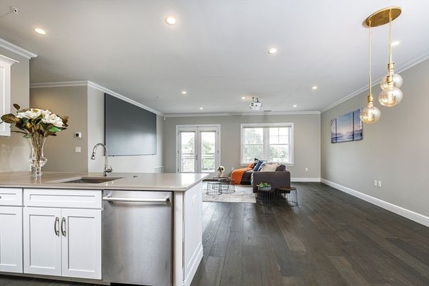 Interior, Kitchen, Living room, Pendant Lights, Recessed Lighting, Stainless Steel Appliances, Wood Texture Flooring