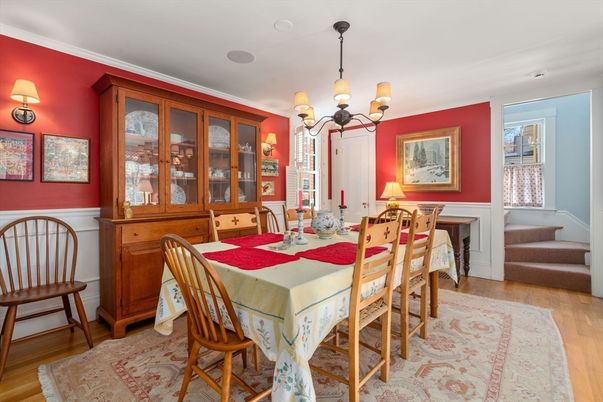 Chandelier, Dining room, Interior, Wood Texture Flooring