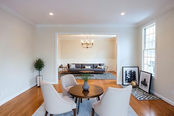 Chandelier, Dining room, Interior, Living room, Recessed Lighting, Wood Texture Flooring