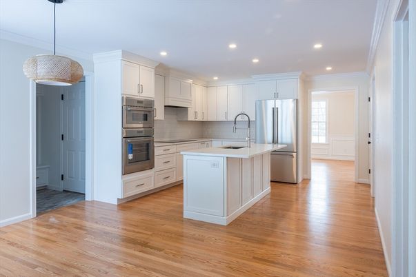 Interior, Kitchen, Pendant Lights, Recessed Lighting, Stainless Steel Appliances, Wood Texture Flooring