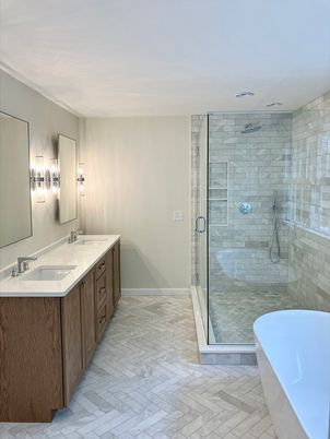 Bathroom, Dual Sink Vanities, Free Standing Baths, Glass Shower, Interior, Stone Walls