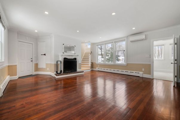 Empty room, Fireplace, Interior, Pendant Lights, Recessed Lighting, Wood Texture Flooring