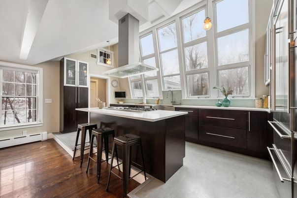 Interior, Kitchen, Pendant Lights, Stainless Steel Appliances, Wood Texture Flooring