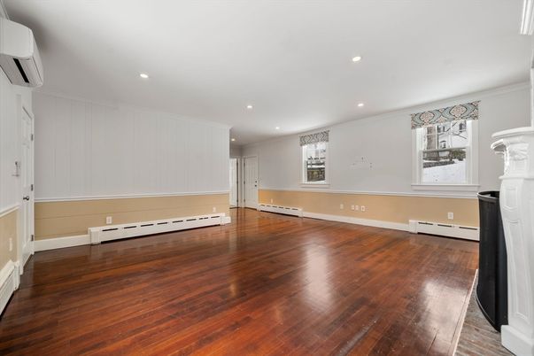 Empty room, Fireplace, Interior, Recessed Lighting, Wood Texture Flooring