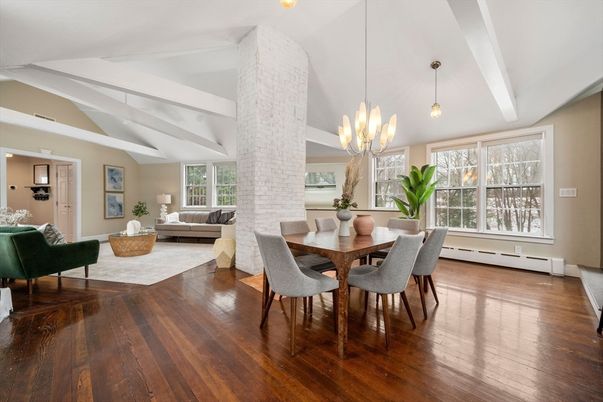 Dining room, Interior, Living room, Pendant Lights, Stone Walls, Wood Texture Flooring
