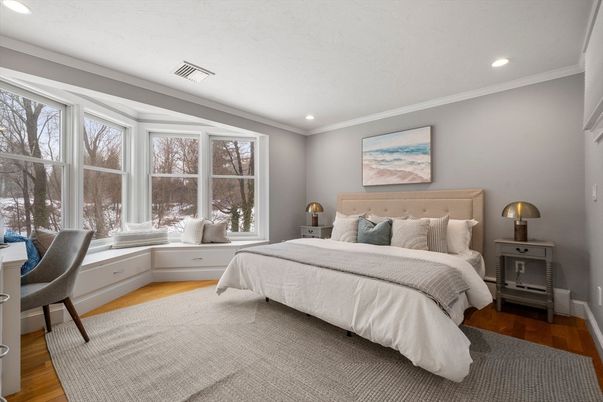 Bedroom, Interior, Recessed Lighting, Wood Texture Flooring