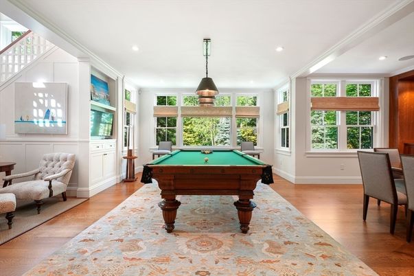 Billiard Table, Game Room, Interior, Pendant Lights, Recessed Lighting, Wood Texture Flooring