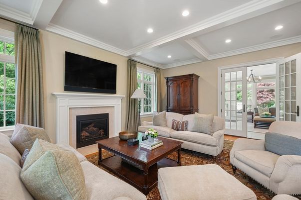 Fireplace, Interior, Living room, Recessed Lighting, Wood Texture Flooring