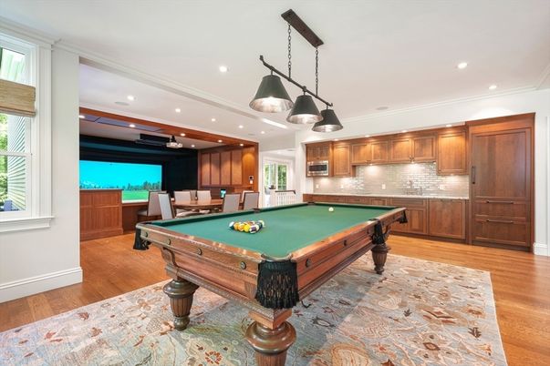 Billiard Table, Game Room, Interior, Pendant Lights, Recessed Lighting, Wood Texture Flooring