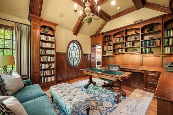 Billiard Table, Chandelier, Home Office, Interior, Recessed Lighting, Wooden Beams, Wood Texture Flooring