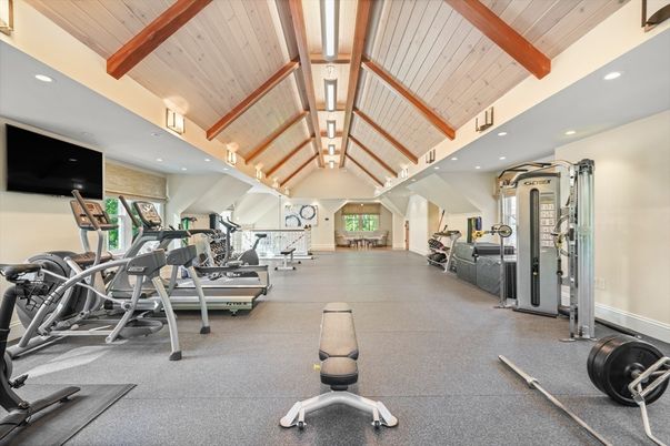 Fitness Equipment, Gym, Interior, Recessed Lighting, Wooden Beams