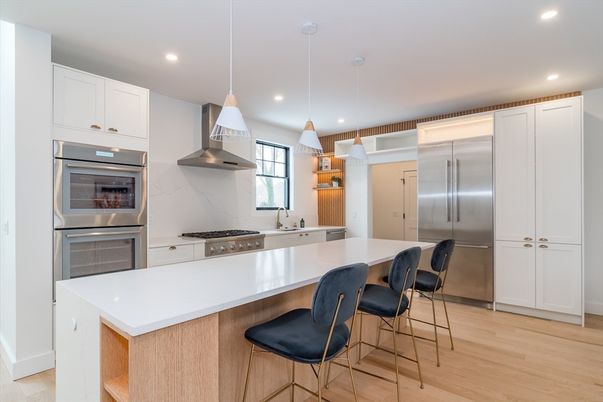 Interior, Kitchen, Pendant Lights, Recessed Lighting, Stainless Steel Appliances, Wood Texture Flooring