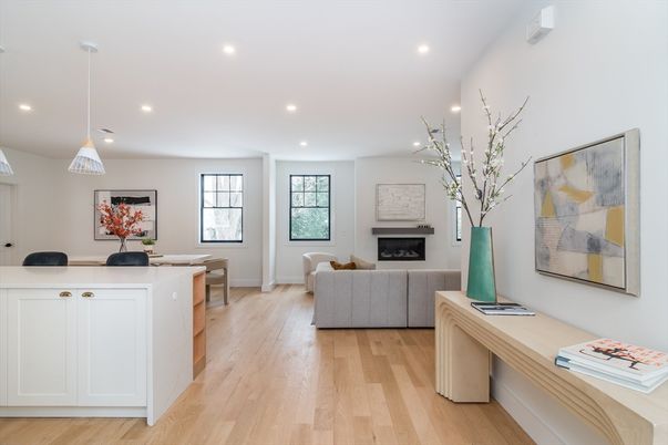 Dining room, Fireplace, Interior, Living room, Pendant Lights, Recessed Lighting, Wood Texture Flooring
