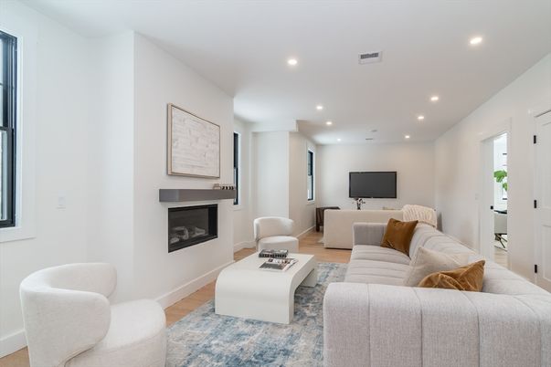 Fireplace, Interior, Living room, Recessed Lighting, Wood Texture Flooring
