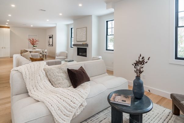 Dining room, Fireplace, Interior, Living room, Recessed Lighting, Wood Texture Flooring