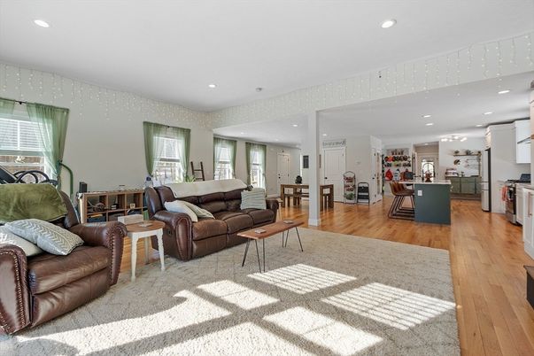 Dining room, Interior, Kitchen, Living room, Recessed Lighting, Wood Texture Flooring