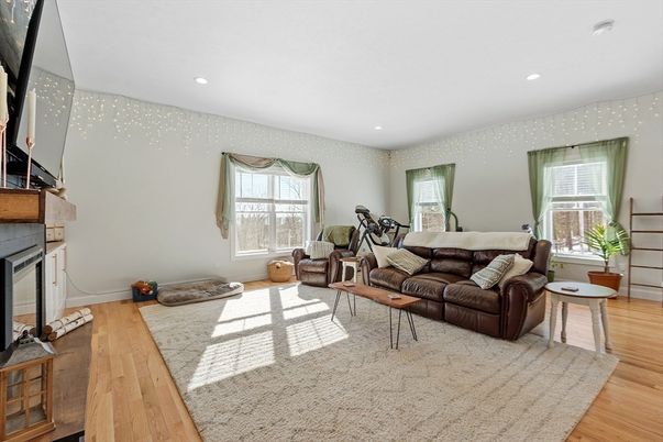 Fireplace, Interior, Living room, Recessed Lighting, Wood Texture Flooring