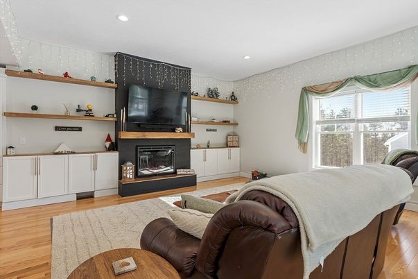 Bedroom, Fireplace, Interior, Living room, Recessed Lighting, Wood Texture Flooring
