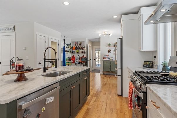 Interior, Kitchen, Recessed Lighting, Stainless Steel Appliances, Wood Texture Flooring