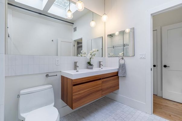 Bathroom, Dual Sink Vanities, Interior, Pendant Lights, Wood Texture Flooring