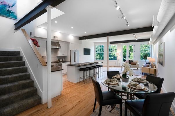 Dining room, Interior, Kitchen, Living room, Recessed Lighting, Stainless Steel Appliances, Wood Texture Flooring