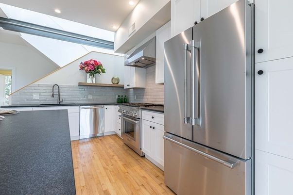 Interior, Kitchen, Recessed Lighting, Stainless Steel Appliances, Wood Texture Flooring