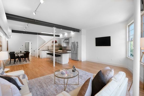 Dining room, Interior, Kitchen, Living room, Stainless Steel Appliances, Wood Texture Flooring