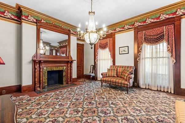 Chandelier, Fireplace, Interior