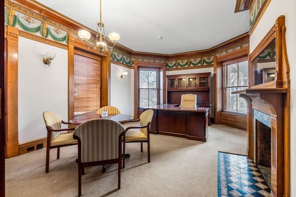 Chandelier, Fireplace, Home Office, Interior
