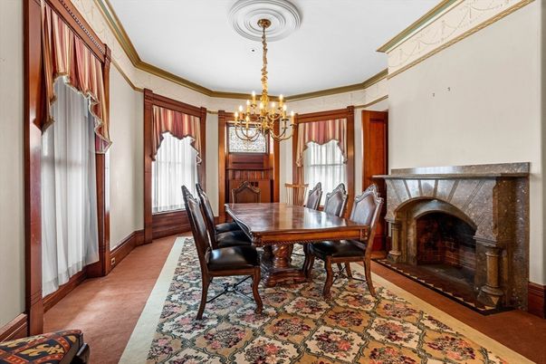 Chandelier, Dining room, Fireplace, Interior