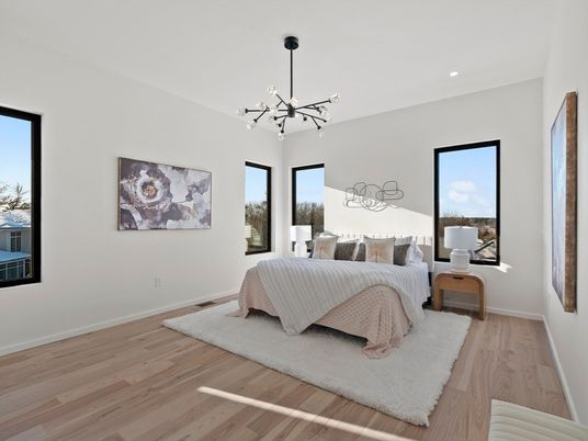 Bedroom, Interior, Pendant Lights, Recessed Lighting, Wood Texture Flooring