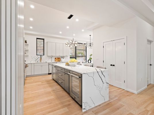 Interior, Kitchen, Marble Walls, Pendant Lights, Recessed Lighting, Wood Texture Flooring